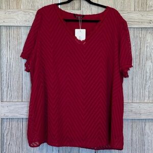BloomChic Dark Red Chevron Print V Neck Blouse w/Sheer Sleeves sz 18/20 NWT